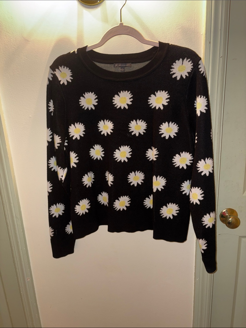 Adrianna Papell Black Daisy Crewneck Sweater with White and Yellow Accents
